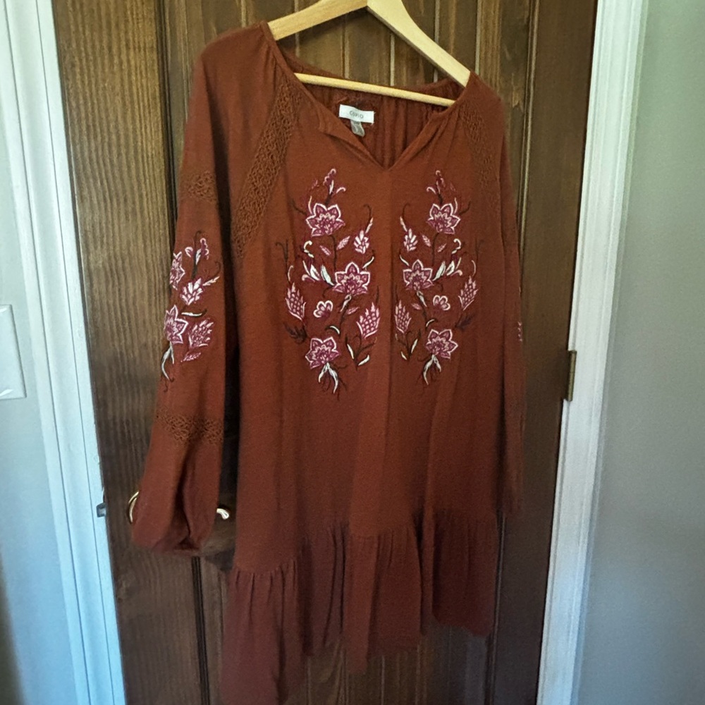 Cupio Rust Long Sleeve Dress with Pink Embroidery